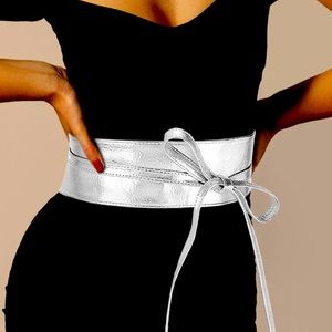 Metallic Silver Obi Wrap Statement Belt